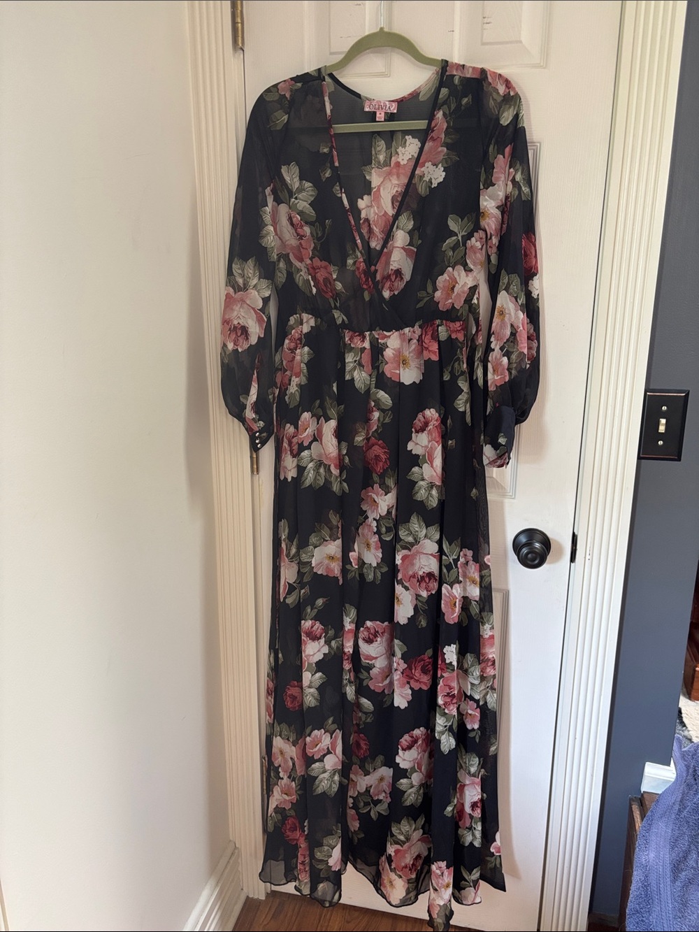 Women's Black Maxi Dress with Pink Floral Print